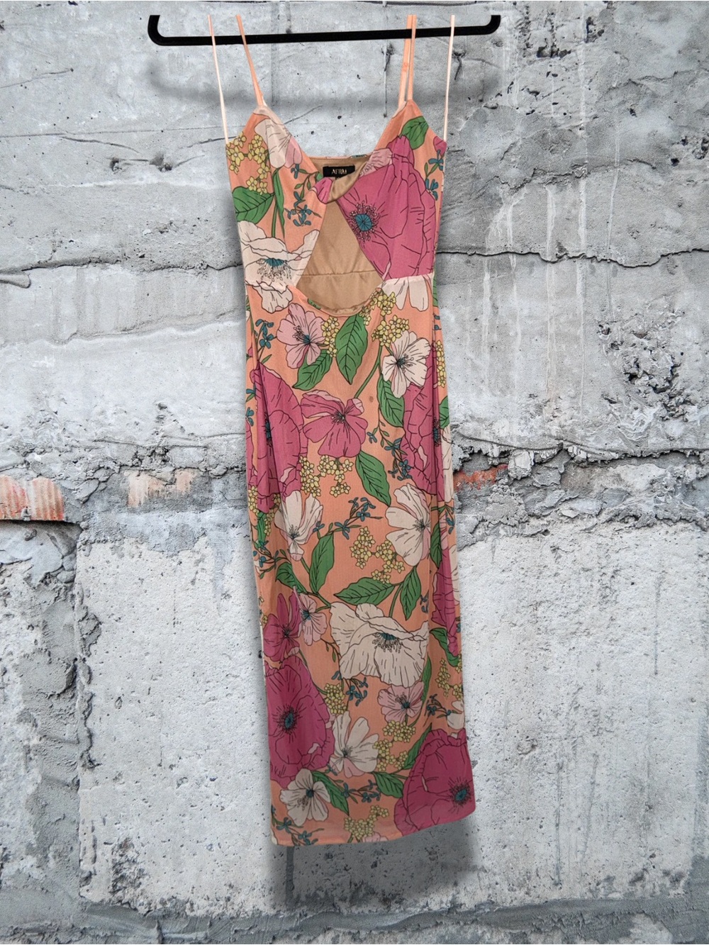 AFRM REVOLVE Peach Maxi Slip Dress with Pink & Green Floral Print